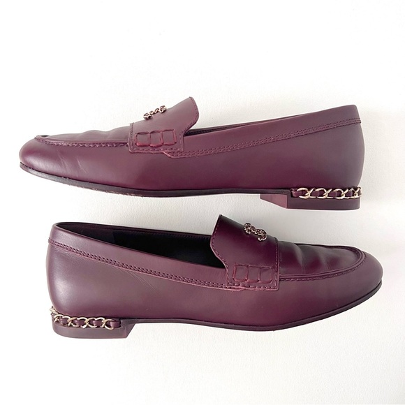 CHANEL | CC Interlocking Logo Gold Chain Burgundy Leather Loafers Moccasin 37.5 - Picture 12 of 16
